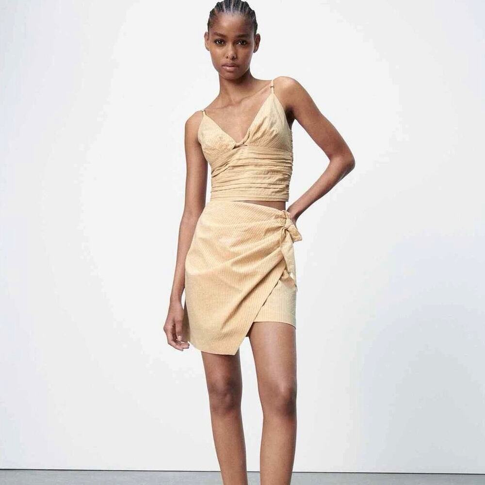 Zara Beige Striped Ruched Crop Top & Asymmetrical Mini Skirt 2 Piece Set XS/S